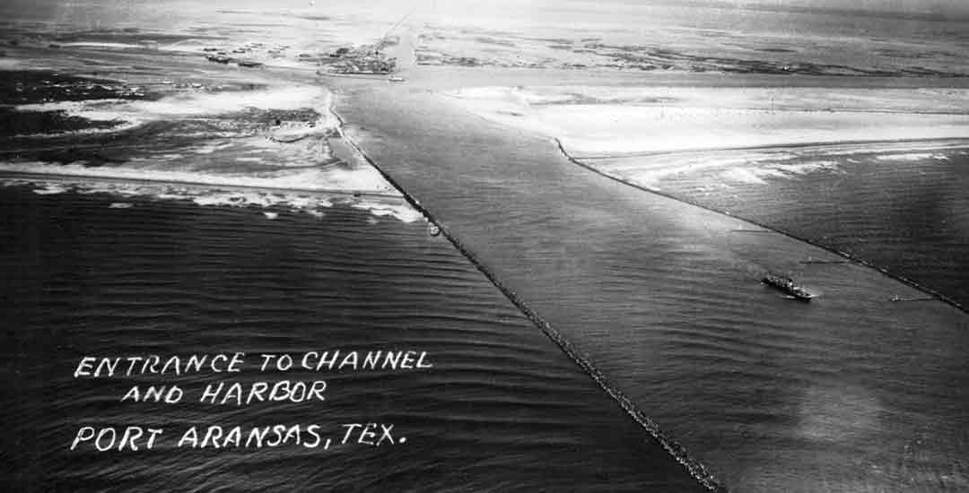 Historical aerial photo of the entrance to the ship channel.