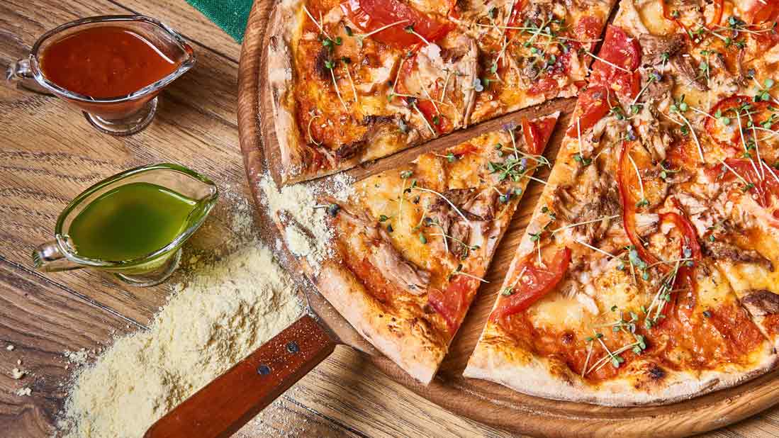 Pizza on a wooden table