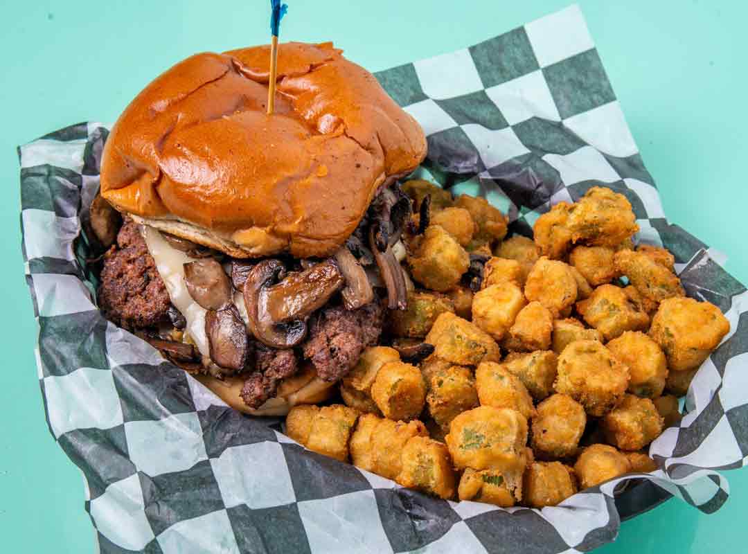 Burger and fried okra