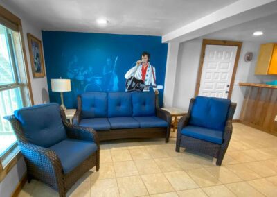 Elvis Presley mural on wall behind sofa