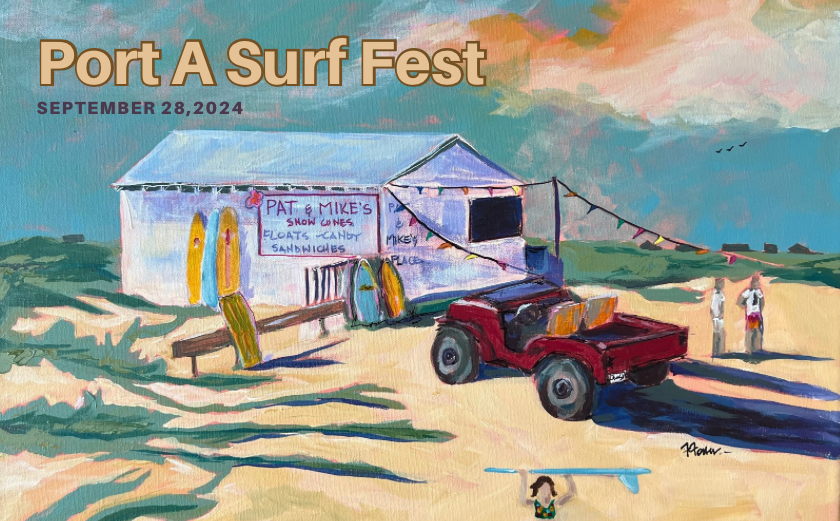 Illustration of surfboards and a jeep on the beach