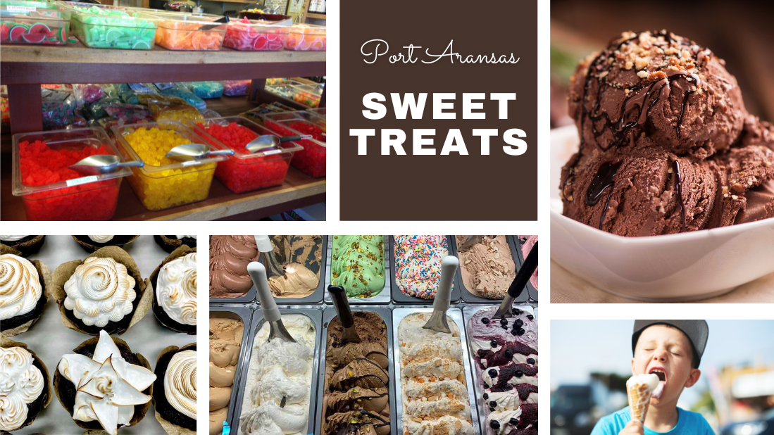 Collage of Port Aransas Sweet Treats - ice cream cone, candy, gelato and cupcakes