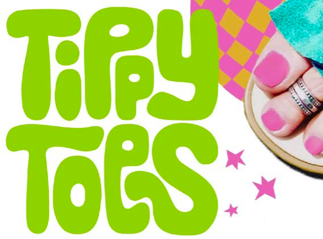 Tippy Toes logo plus toering on a toe with pink polish